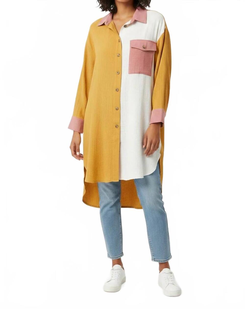 NEW SHE + SKY women's plus long sleeve gauze color block shirt top in mustard